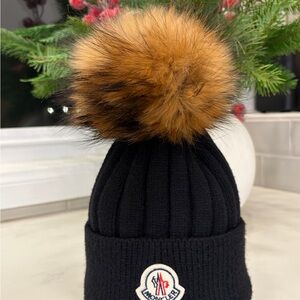 Moncler Black Knit Beanie with Brown Real Fur Pom-Pom